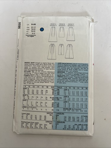 Very Easy Very Vogue 9850 Misses Sz 8-10-12 Skirt Sewing Pattern Vintage Uncut - Picture 2 of 7