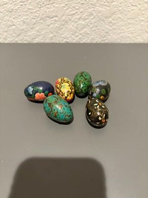 Vintage Kashmiri Paper Mache Eggs - Set of 6 Hand Painted Decorative Eggs