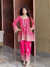 Women Designer Pink Embroidered Kurta Set with Pants Indian Ethnic Party Wear