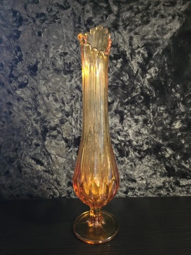 Vintage MCM Fenton Colonial Amber Thumbprint Swung Art Glass Bud Vase 14" Tall