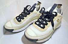 Chanel WhiteBlack Leather  Fabric CC Low Top Sneaker Shoes, 37