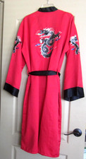 Embroidered Dragon Kimono Style Robe Red and Black Unisex Adult Belted 45" Long