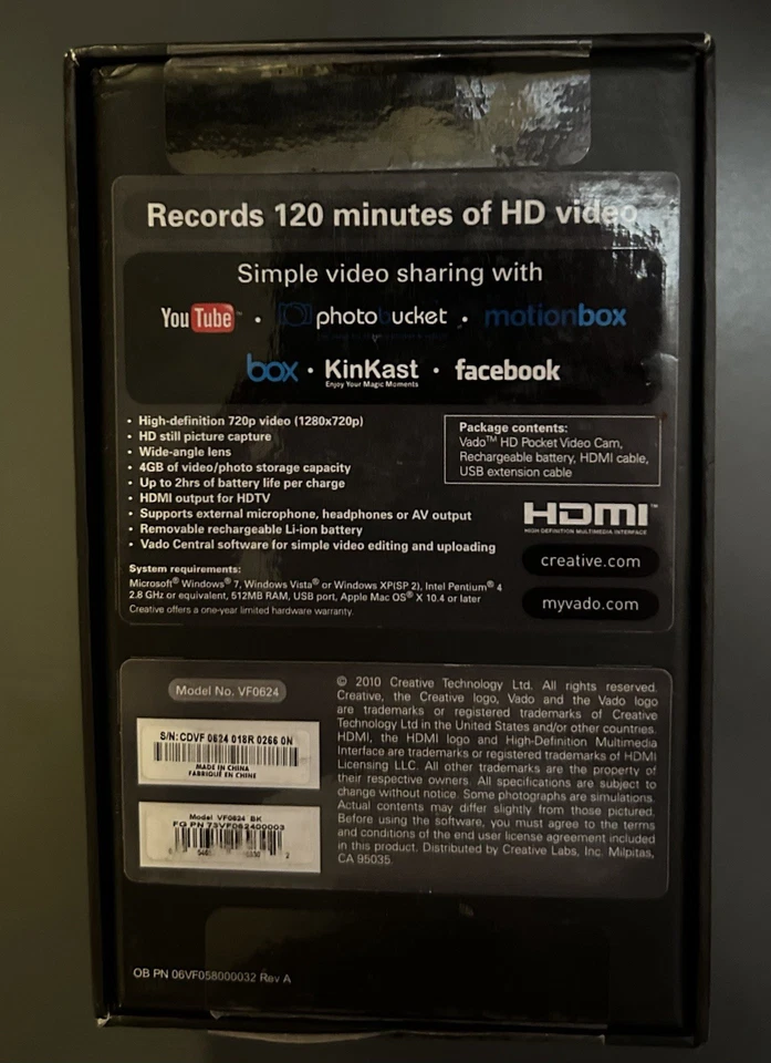 Creative Labs Vado HD VF0624 Pocket Video Cam Model 3 RED Never Used - Image 2 of 4