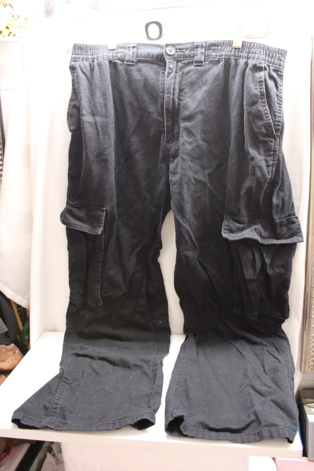 Women's Black Divided Cargo Pants Baggy Parachute Wide Leg with Drawstring-image