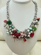 NWT BETSEY JOHNSON Silver Tone Festive Holiday Christmas Baubles Bib Necklace