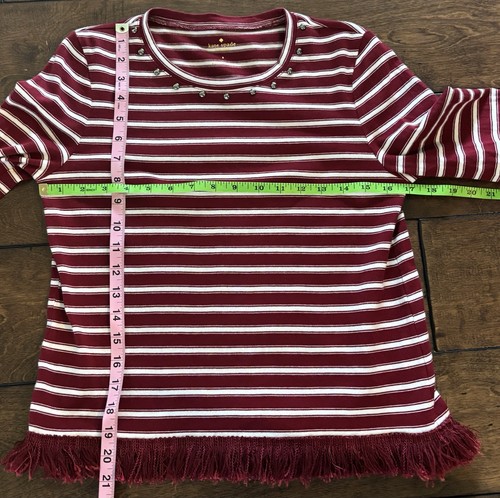 Kate Spade Women's Burgundy & White Stripe Fringe Studded 3/4 Sleeve Top- Small - Picture 10 of 13