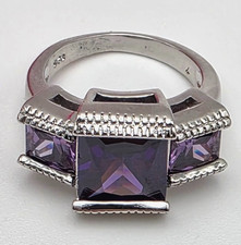 Sterling Silver 3-Stone Amethyst Ring Size 7 Emerald-Cut Faceted Stones