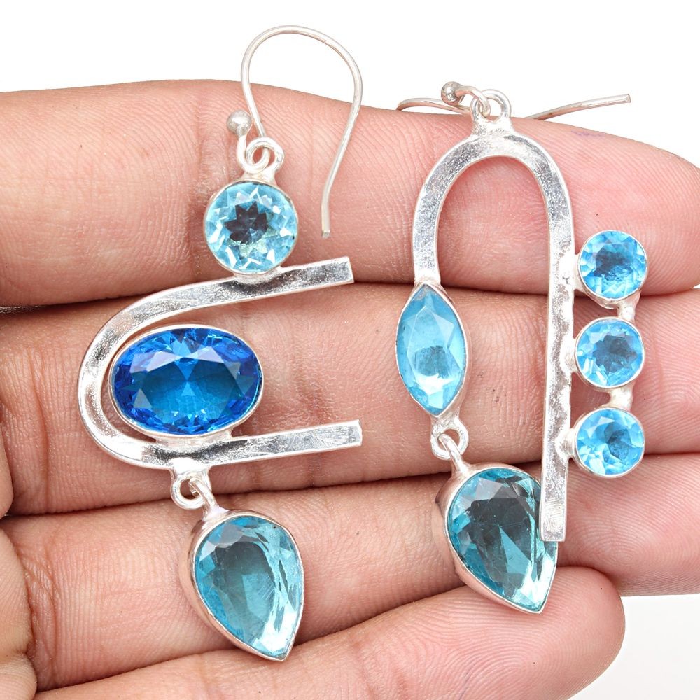 Swiss Blue Quartz Silver Earrings Elegant 1.5 Inch Gemstone Gift for Women