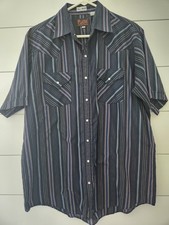 Plains Western/Cowboy Striped Navy Blue Shirt Pearl Snap Short Sleeve Large TALL