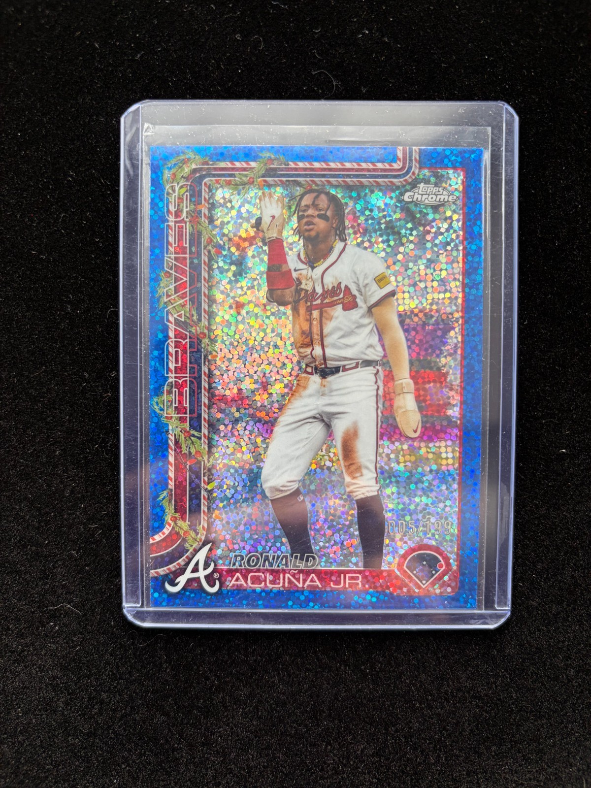 2025 Topps Holiday Chrome Ronald Acuña Jr. #HC62 Blue Speckle Refractor 005/199