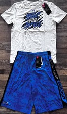 NWT Under Armour YLG Blue/White/Black BUILT FOR BATTLE Print Shorts Set Large