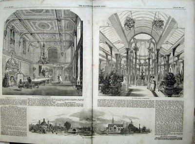 Original alter antiker Druck Wintergarten Somerleyton 1857 Dorf Speisesaal