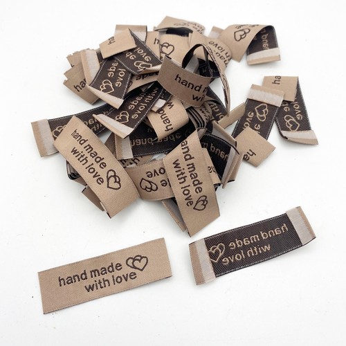 48 Brown Fabric Sewing Tag Labels for Handmade Items - Handmade with Love
