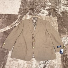Vintage Stafford Mens Tan Hopsack Blazer 46R Wool Gold Buttons NWT Academia