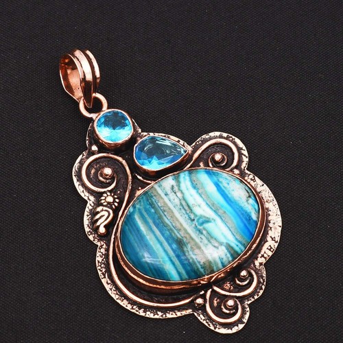 Dendrite Opal Blue Topaz Gemstone Pure Copper Pendant Jewelry 2.56" AP-45942