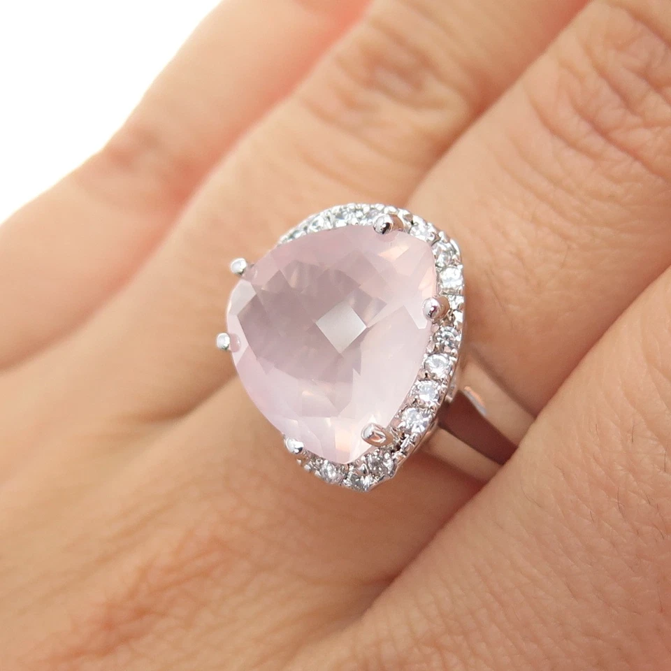 Anillo de plata de ley 925 de cuarzo rosa real y C Z talla 7,25 Foto 2 de 4