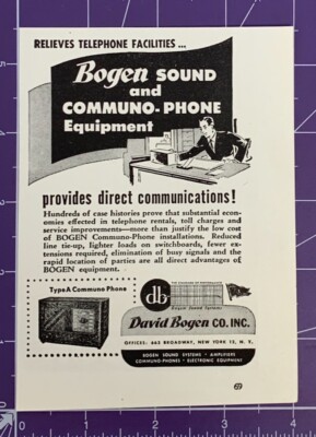 1946 RAILROAD PRINT AD DAVID BOGEN CO SOUND AND COMMUNO-PHONE EQUIPMENT