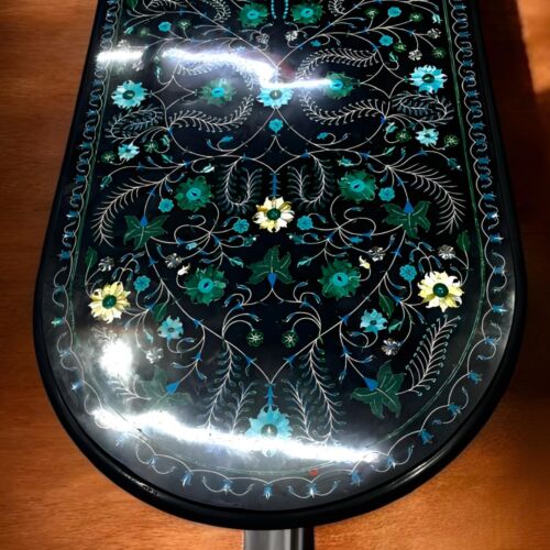 Custom 5'x2' Black Marble Dining Table Top | Handmade Semi-Precious Stone Inlay - Picture 3 of 9
