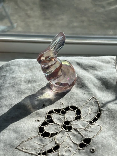 Fenton Glass Pink Iridescent Bunny Rabbit Figurine 2.75” Marked Easter Decor VTG