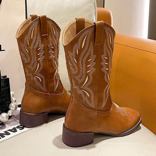 Damen Bestickt Western Mid Calf Cowgirl Stiefel Blockabsatz Stiefeletten Schuhe - Bild 2 von 26