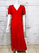 Asos Womens Long Dress Size 10 Red Cutout Waist Button Up V-Neck Short Sleeve