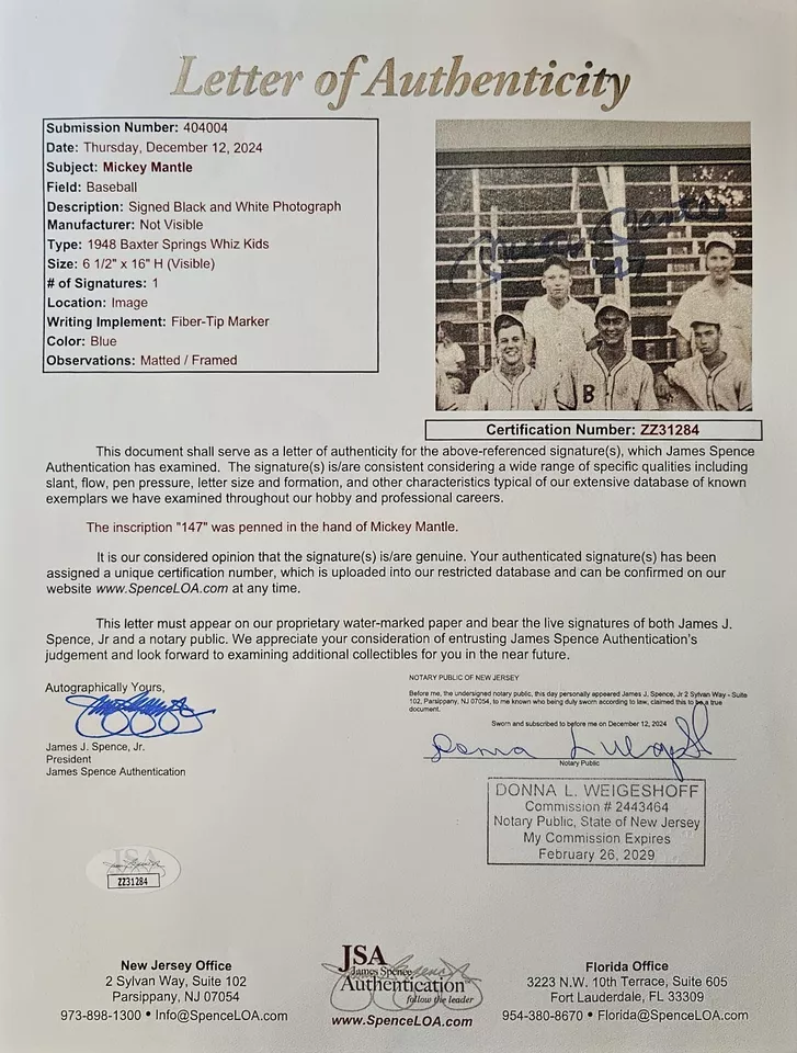 Mickey Mantle - Black and White Photo - Signed - "'47" - JSA Certified - Image 4 of 4