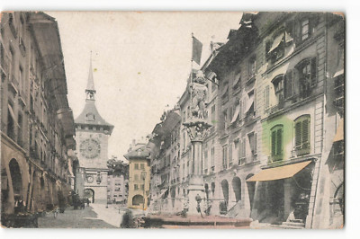 The Bear Fountain, Berne, Switzerland - Clock Tower background VTG Postcard SK2.