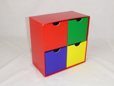 Vtg 70s Cardboard Storage 4 Drawer Primary Colors Desk Accessory Trinkets Jewels