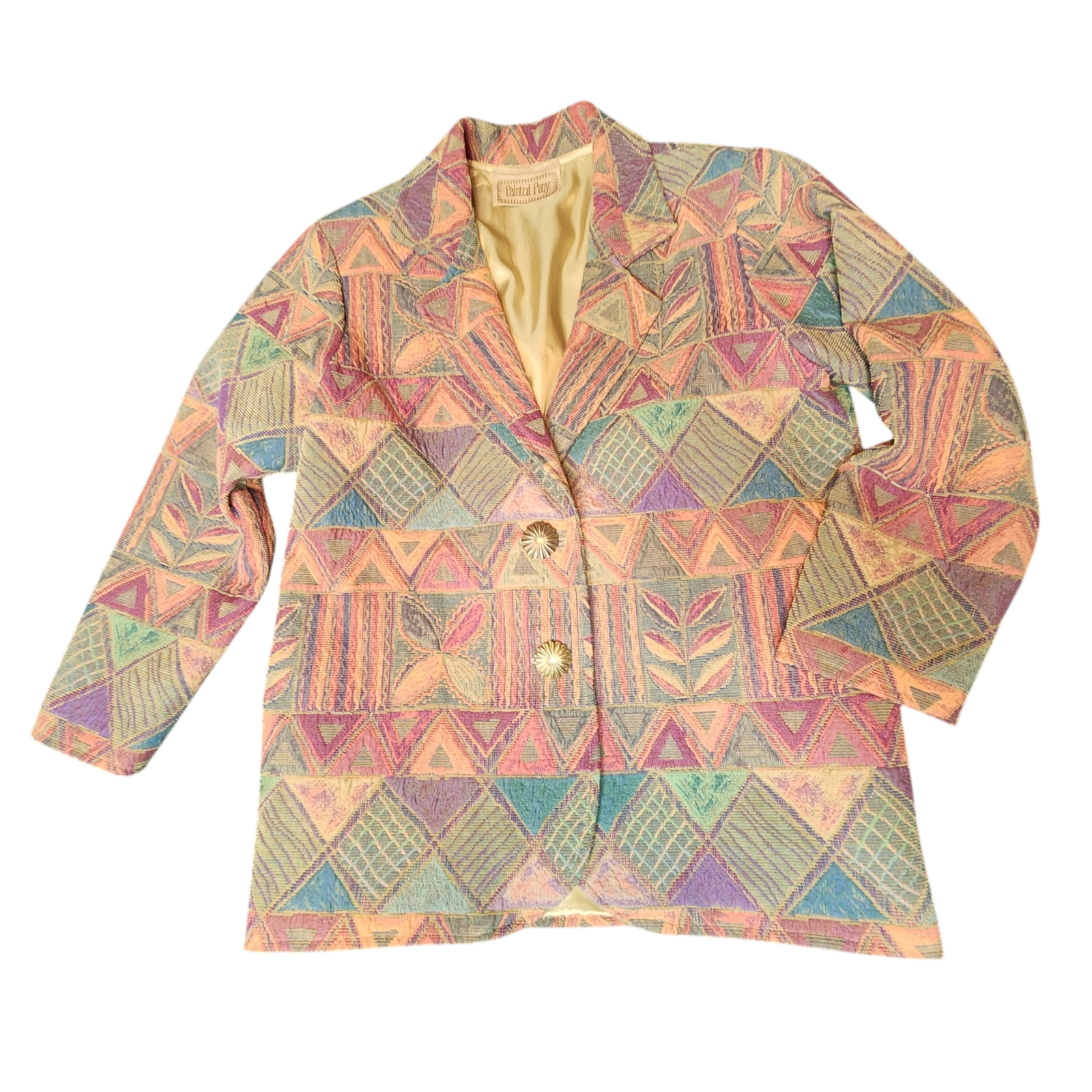 Giacca pony dipinta vintage taglia grande foderata donna arazzo azteco sud occidentale
