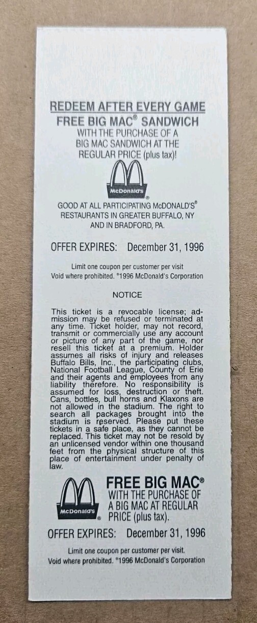 1996 Full Unused Ticket Buffalo Bills vs Kansas City Chiefs Jim Kelly 2