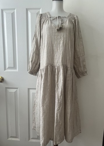 Magaschoni Damen Gr. L gestreiftes creme/hellbraun Leinenmischung Midikleid / Küste Strand
