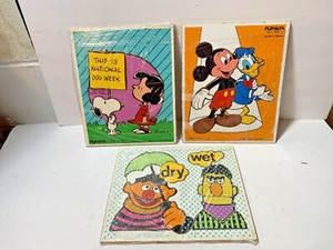 3 Vtg PLAY SKOOL WOOD PUZZLES BERT & ERNIE MICKEY MOUSE & DONALD SNOOPY & LUCY