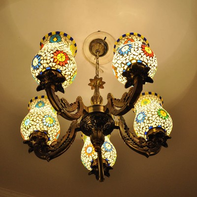 Vintage Mosaic Glass Pendant Chandelier Ceiling 5 Light Fixture