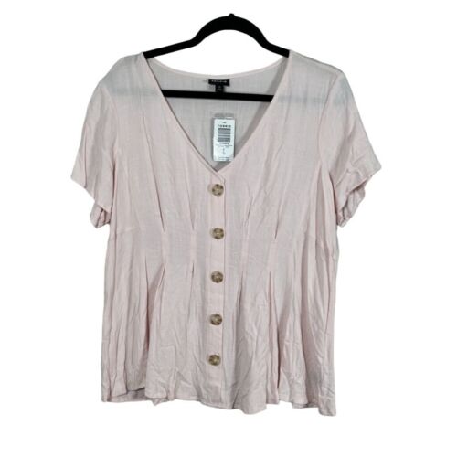 Torrid Women Top Size 12 Pink Button Down V Neck Short Sleeve Summer Lightweight