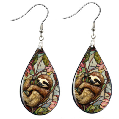 Faux Stained Glass Art Cute  Sloth Earrings Teardrop NO TARNISHING Wood Dangle
