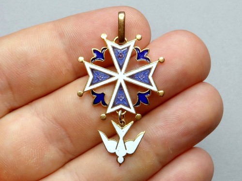Huguenot Cross, Holy Spirit. Antique Religious Enamel Pendant. Large Medal. - Picture 3 of 7