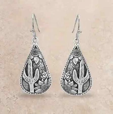 Vintage Teardrop Shape Cactus Sunflower Pattern Dangle Earrings Retro