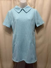 Vtg 60s 70s Mod Blue Textured Floral Poly Knit Shift Dress Sz S-M
