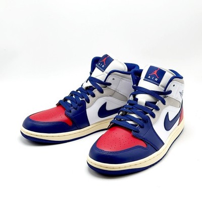 NEW* Men Air Jordan 1 Mid White/Red/Neutral Grey/Deep Royal Blue