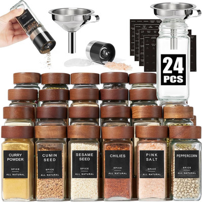 Glass Spice Jars with Labels: 24Pc 4Oz Square Seasoning Storage Containers with
