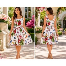 NEW! Derhy Floral Fit & Flare Dress M White Tropical Garden Cotton Sleeveless