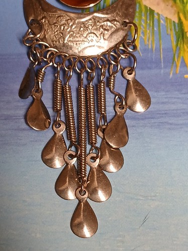 Silver Tone Dangling Chandelier Earrings with Round Glass Carnelian Swirl Color - Picture 5 of 11