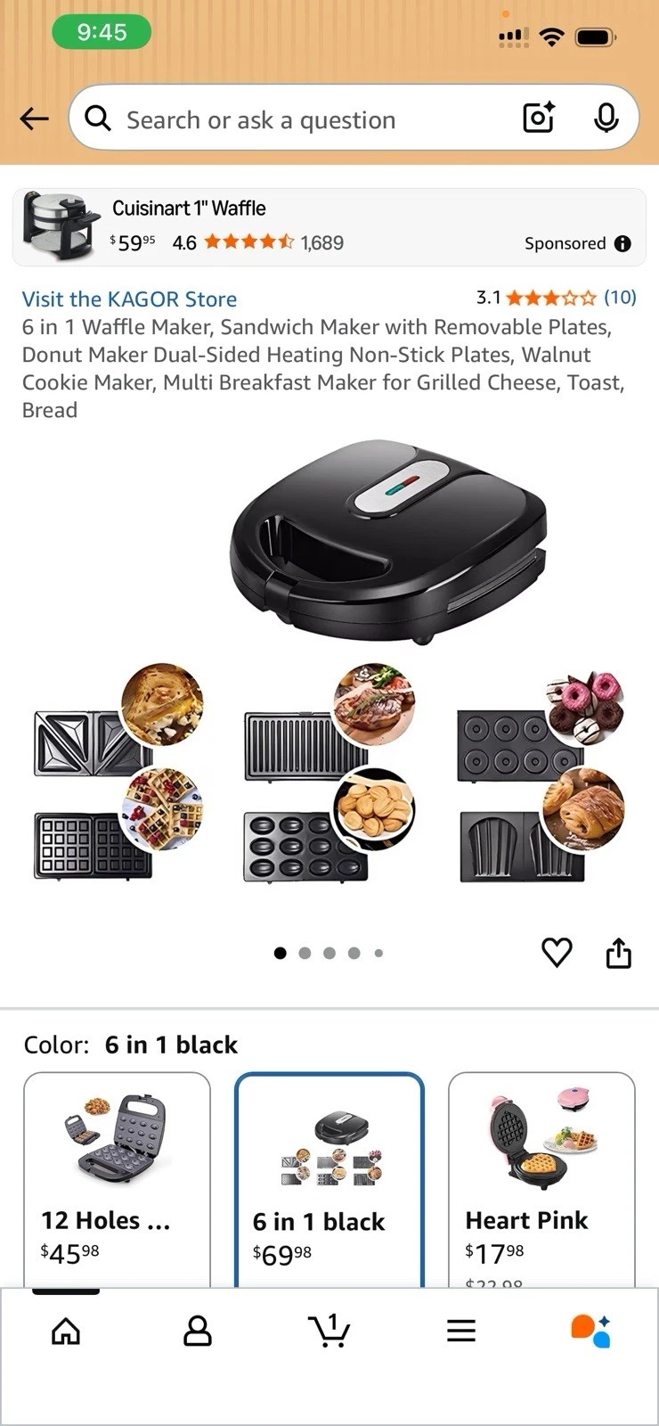 6 in 1 Waffle Maker Sandwich Donut Cookie Breakfast Maker Removable Plates Black
