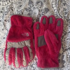 The North Face Girls Fleece Gloves Pink Gray L/G Polyester Winter Grippers