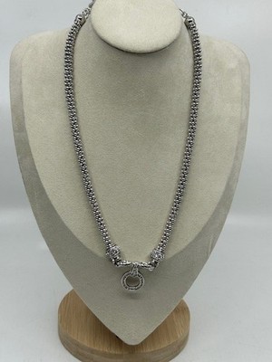 PL Silver Caviar Beaded Necklace Ring Rhinestone Accent Pave Necklace