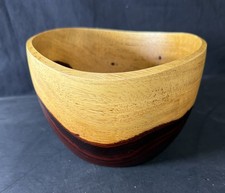 Vtg Mid Century Modern Wavy Grain Two Tone Carved Teak Turned Wooden Bowl