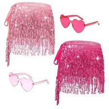2 PCS Sequin Fringe Skirt Belly Dance Hip Scarf Sparkly Tassel Pink, Hot Pink