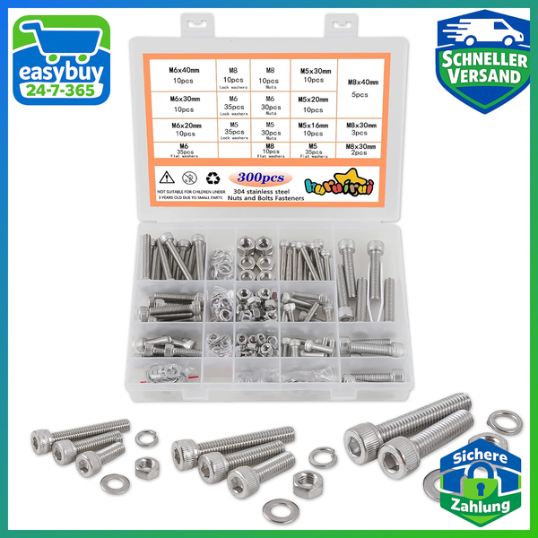 Schrauben Set M5 M6 M8 300 StüCk 304 Edelstahl Mit Muttern Unterlegscheiben DIY-image