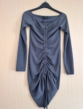 PrettyLittleThing Charcoal Grey Long Sleeve Bardot Ruched Bodycon Dress Size 10