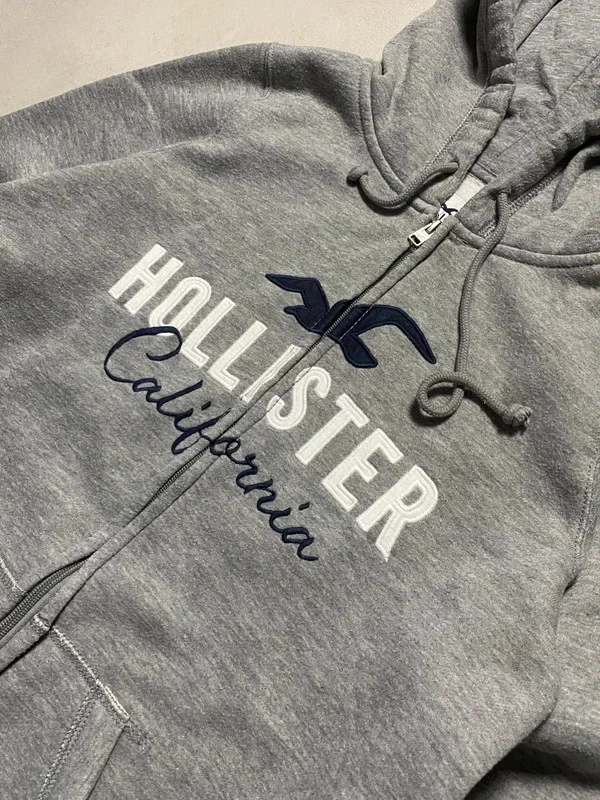 Hollister California Y2K Zip Hoodie Damen | Logo Stickerei Grau Meliert | Größe